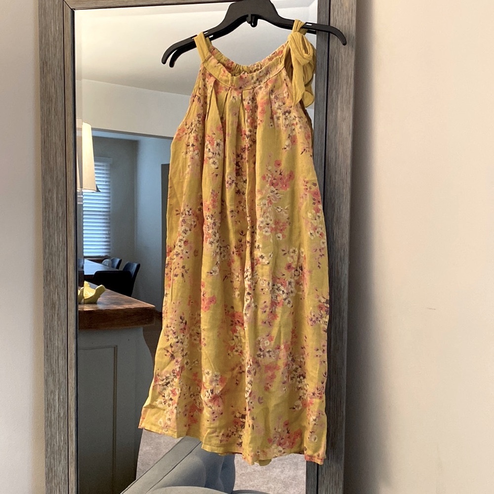 Bellambra, M, mustard floral linen dress, halter side tie neck,  Made in Italy!